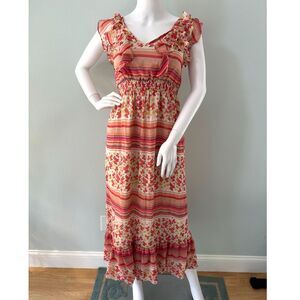 Lauren Conrad Boho Floral Ruffle Midi Dress Cottagecore Beach Sundress size 0